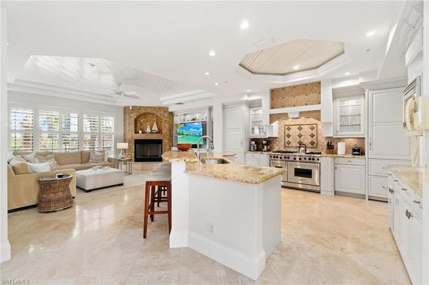 Fireplace, Interior, Kitchen, Living room, Recessed Lighting, Stainless Steel Appliances