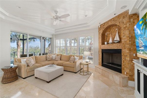 Fireplace, Interior, Living room, Recessed Lighting, Stone Walls