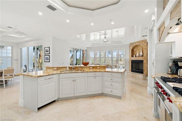 Dining room, Fireplace, Interior, Kitchen, Recessed Lighting, Stainless Steel Appliances