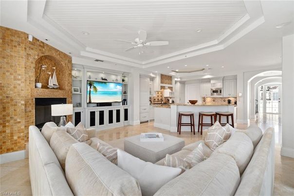 Fireplace, Interior, Kitchen, Living room, Recessed Lighting, Stone Walls