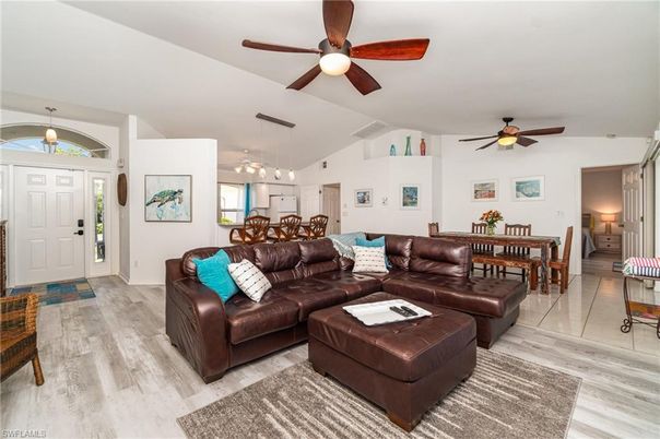 Dining room, Interior, Kitchen, Living room, Pendant Lights, Wood Texture Flooring