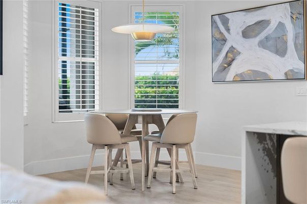 Dining room, Interior, Pendant Lights, Wood Texture Flooring