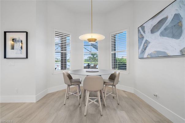 Dining room, Interior, Pendant Lights, Wood Texture Flooring