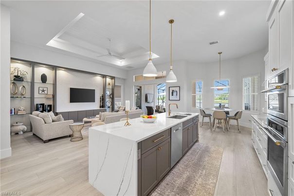 Dining room, Interior, Kitchen, Living room, Pendant Lights, Recessed Lighting, Wood Texture Flooring