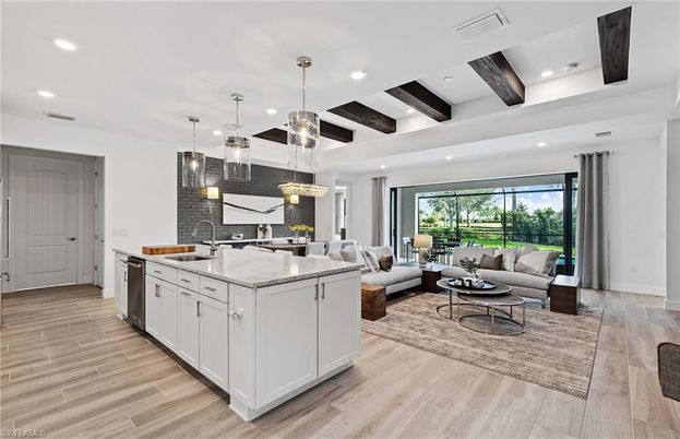 Interior, Kitchen, Living room, Pendant Lights, Recessed Lighting, Stainless Steel Appliances, Wooden Beams, Wood Texture Flooring