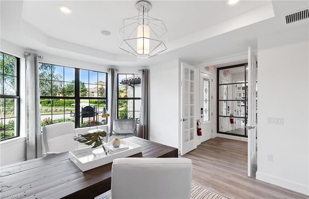 Dining room, Interior, Living room, Pendant Lights, Recessed Lighting, Wood Texture Flooring