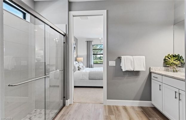Bathroom, Bedroom, Glass Shower, Interior, Wood Texture Flooring