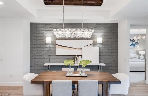 Chandelier, Dining room, Interior, Pendant Lights, Stone Walls, Wood Texture Flooring