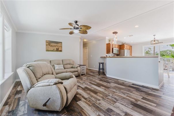 Interior, Kitchen, Living room, Recessed Lighting, Wood Texture Flooring
