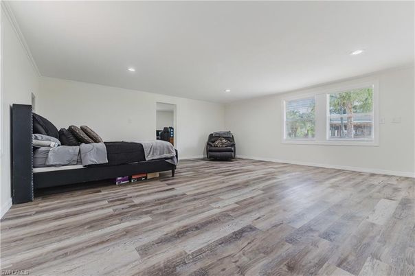 Bedroom, Interior, Recessed Lighting, Wood Texture Flooring