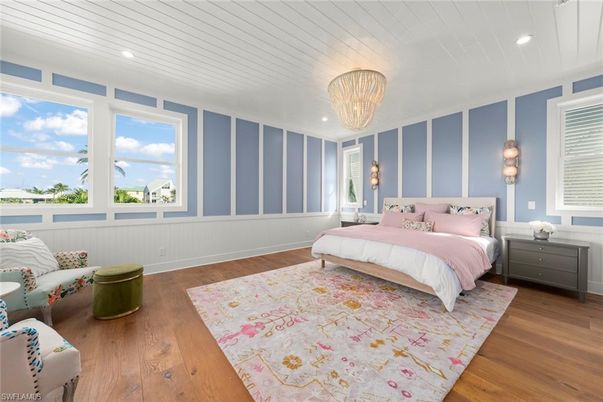 Bedroom, Chandelier, Interior, Recessed Lighting, Wood Texture Flooring