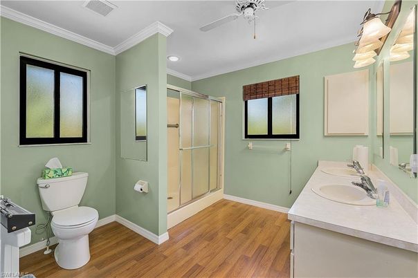 Bathroom, Glass Shower, Interior, Recessed Lighting, Wood Texture Flooring