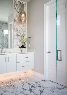 Bathroom, Glass Shower, Interior, Marble, Marble Walls, Pendant Lights