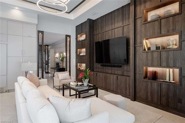 Interior, Living room, Pendant Lights, Recessed Lighting, Wooden Walls