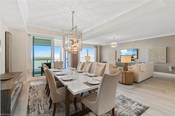 Dining room, Interior, Living room, Pendant Lights, Water, Wood Texture Flooring