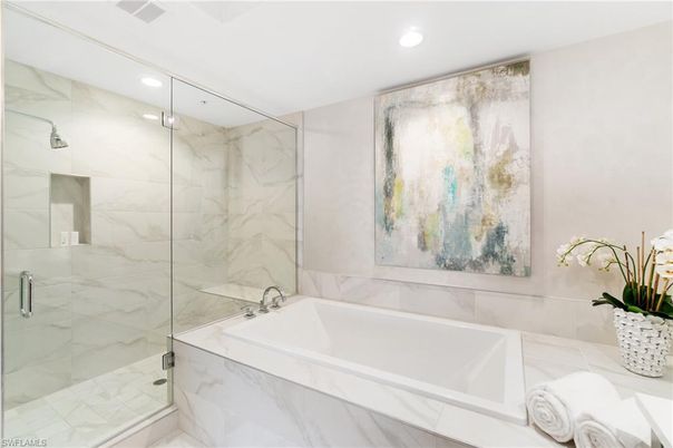 Bathroom, Glass Shower, Interior, Marble Walls, Recessed Lighting