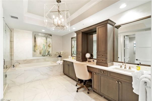 Bathroom, Dual Sink Vanities, Interior, Marble, Pendant Lights, Recessed Lighting