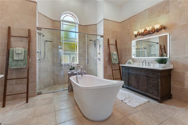 Bathroom, Dual Sink Vanities, Free Standing Baths, Glass Shower, Interior, Stone Walls