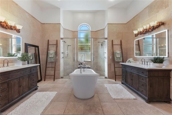 Bathroom, Dual Sink Vanities, Free Standing Baths, Glass Shower, Interior