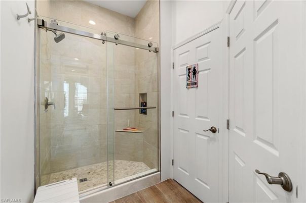 Bathroom, Glass Shower, Interior, Recessed Lighting, Wood Texture Flooring