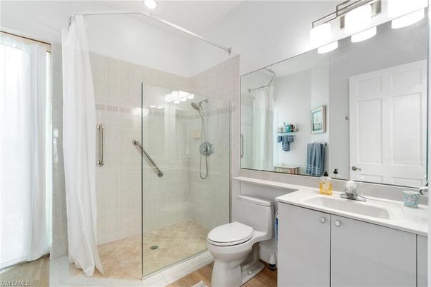 Bathroom, Glass Shower, Interior, Recessed Lighting, Wood Texture Flooring