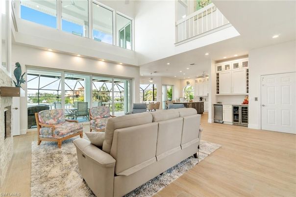 Fireplace, Interior, Kitchen, Living room, Recessed Lighting, Wood Texture Flooring