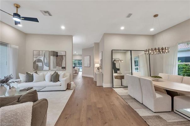 Dining room, Interior, Living room, Pendant Lights, Recessed Lighting, Wood Texture Flooring