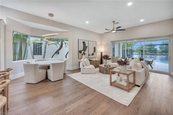Dining room, Interior, Living room, Pendant Lights, Recessed Lighting, Water, Wood Texture Flooring