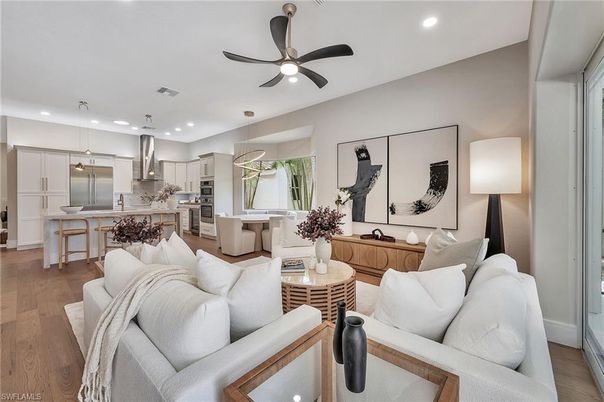 Interior, Kitchen, Living room, Pendant Lights, Recessed Lighting, Stainless Steel Appliances, Wood Texture Flooring