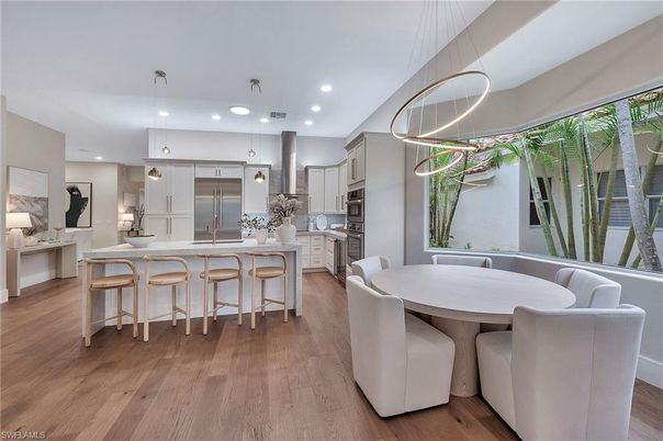 Dining room, Interior, Kitchen, Pendant Lights, Recessed Lighting, Stainless Steel Appliances, Wood Texture Flooring