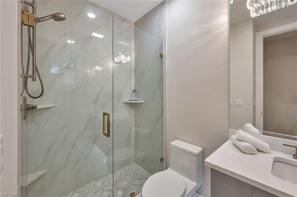 Bathroom, Glass Shower, Interior, Marble Walls, Recessed Lighting