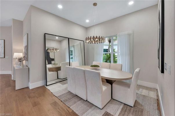Dining room, Interior, Pendant Lights, Recessed Lighting, Wood Texture Flooring