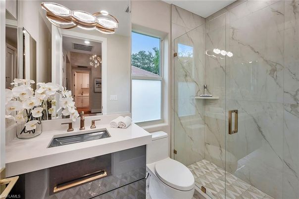 Bathroom, Glass Shower, Interior, Marble Walls, Recessed Lighting