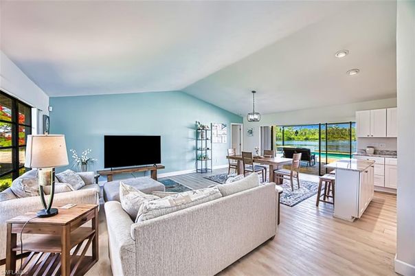 Dining room, Interior, Kitchen, Living room, Pendant Lights, Recessed Lighting, Water, Wood Texture Flooring
