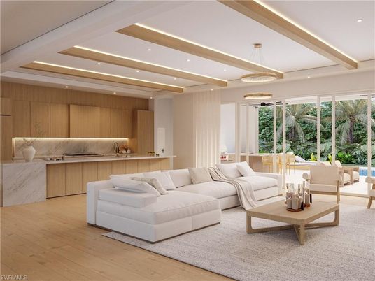 Interior, Kitchen, Living room, Marble Walls, Pendant Lights, Recessed Lighting, Wood Texture Flooring