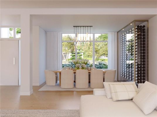 Dining room, Interior, Pendant Lights, Wine Storage, Wood Texture Flooring