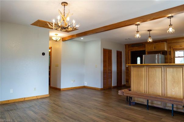 Chandelier, Empty room, Interior, Pendant Lights, Recessed Lighting, Wood Texture Flooring