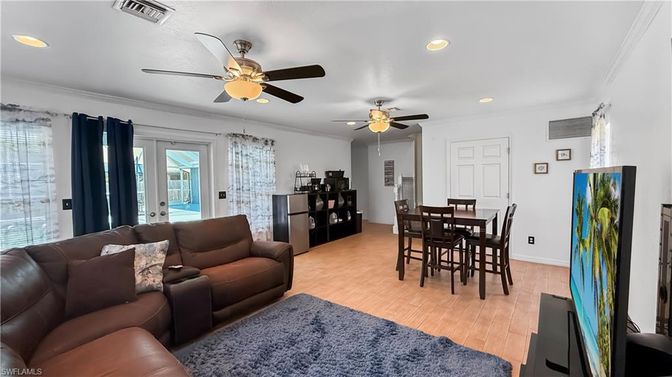 Dining room, Interior, Living room, Recessed Lighting, Wood Texture Flooring