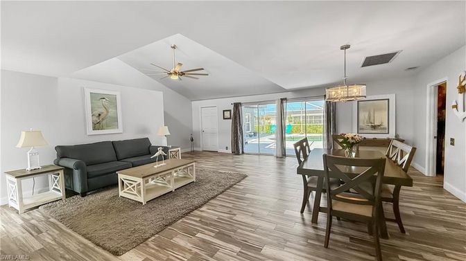 Dining room, Interior, Living room, Pendant Lights, Wood Texture Flooring