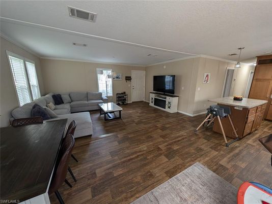 Interior, Kitchen, Living room, Pendant Lights, Wood Texture Flooring