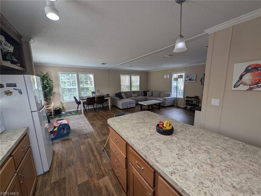 Dining room, Interior, Kitchen, Living room, Pendant Lights, Wood Texture Flooring