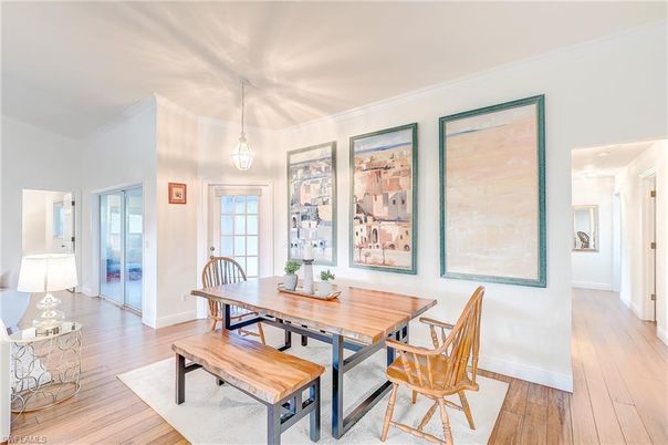 Dining room, Interior, Pendant Lights, Wood Texture Flooring