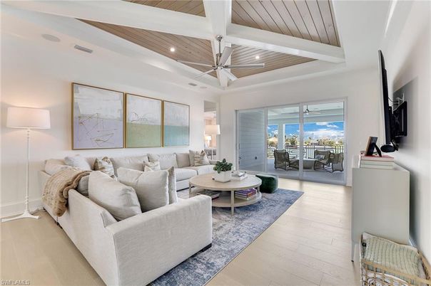 Interior, Living room, Recessed Lighting, Water, Wooden Ceilings, Wood Texture Flooring