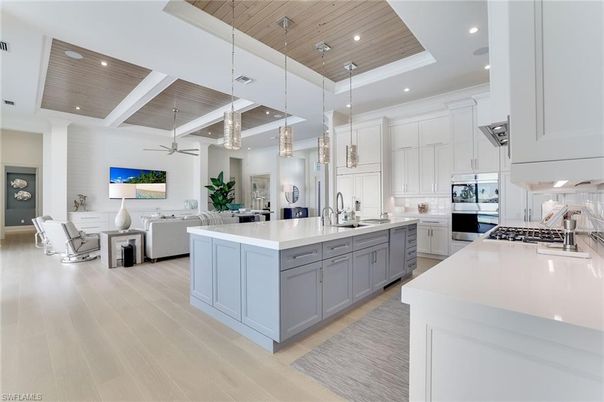 Interior, Kitchen, Living room, Pendant Lights, Recessed Lighting, Stainless Steel Appliances, Wooden Ceilings, Wood Texture Flooring