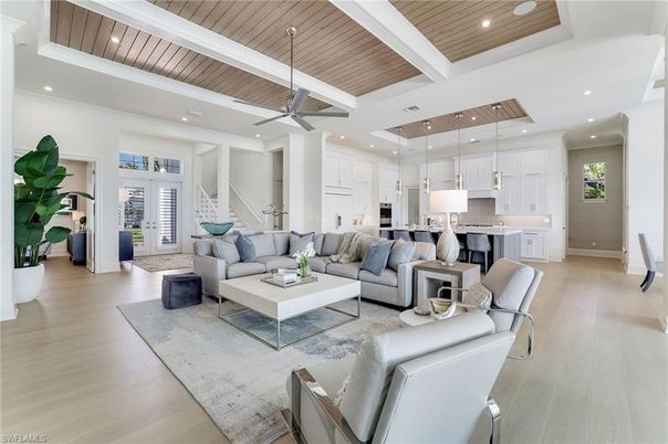 Interior, Kitchen, Living room, Pendant Lights, Recessed Lighting, Stainless Steel Appliances, Wooden Ceilings, Wood Texture Flooring