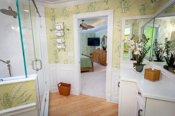 Bathroom, Glass Shower, Interior, Wood Texture Flooring