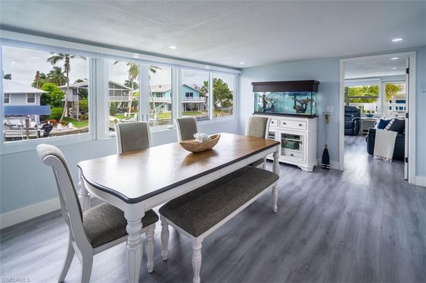 Dining room, Interior, Recessed Lighting, Wood Texture Flooring