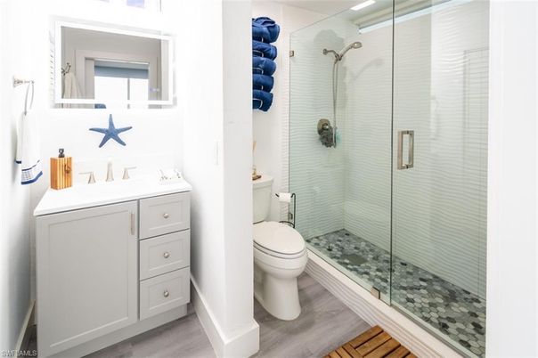 Bathroom, Glass Shower, Interior, Wood Texture Flooring