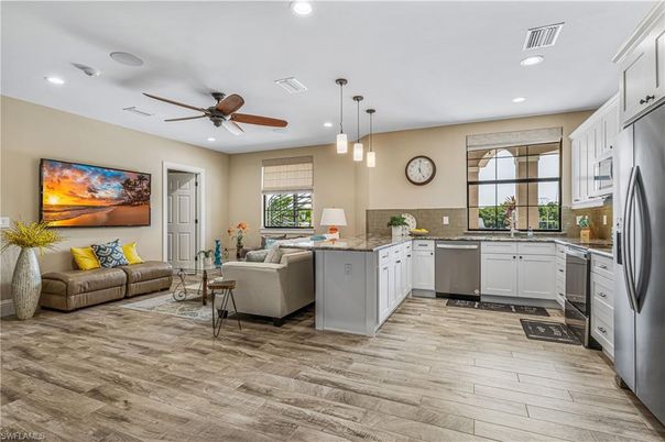 Interior, Kitchen, Living room, Pendant Lights, Recessed Lighting, Stainless Steel Appliances, Wood Texture Flooring