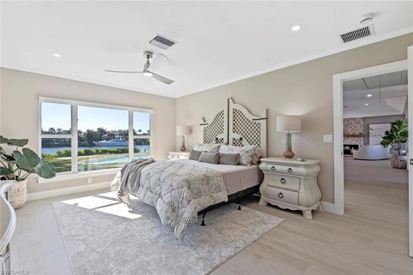 Bedroom, Interior, Recessed Lighting, Water, Wood Texture Flooring